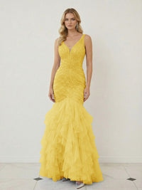 Mermaid Ruffle Tiered Tulle V-Neck Corset Floor-Length Prom Dresses with Appliques