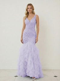 Mermaid Ruffle Tiered Tulle V-Neck Corset Floor-Length Prom Dresses with Appliques