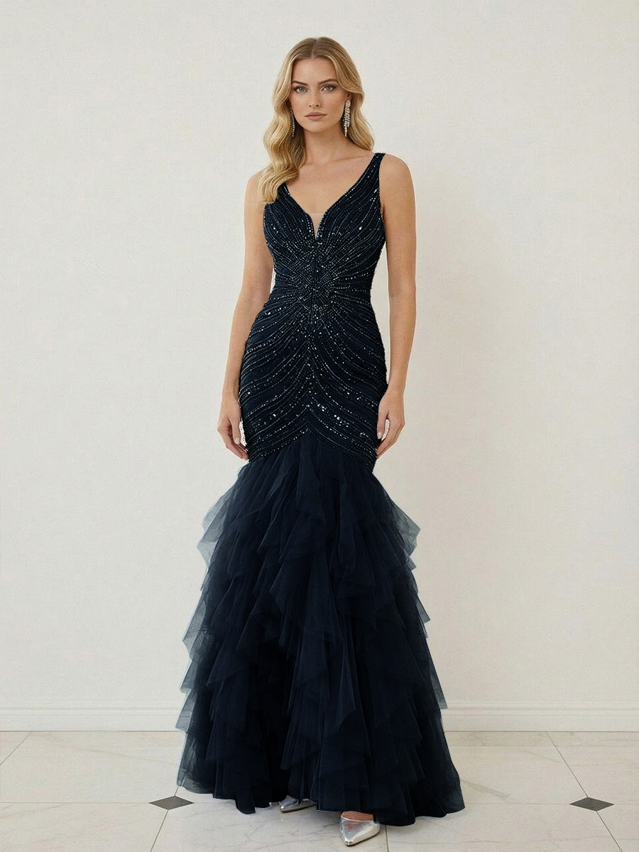 Mermaid Ruffle Tiered Tulle V-Neck Corset Floor-Length Prom Dresses with Appliques