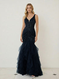 Mermaid Ruffle Tiered Tulle V-Neck Corset Floor-Length Prom Dresses with Appliques