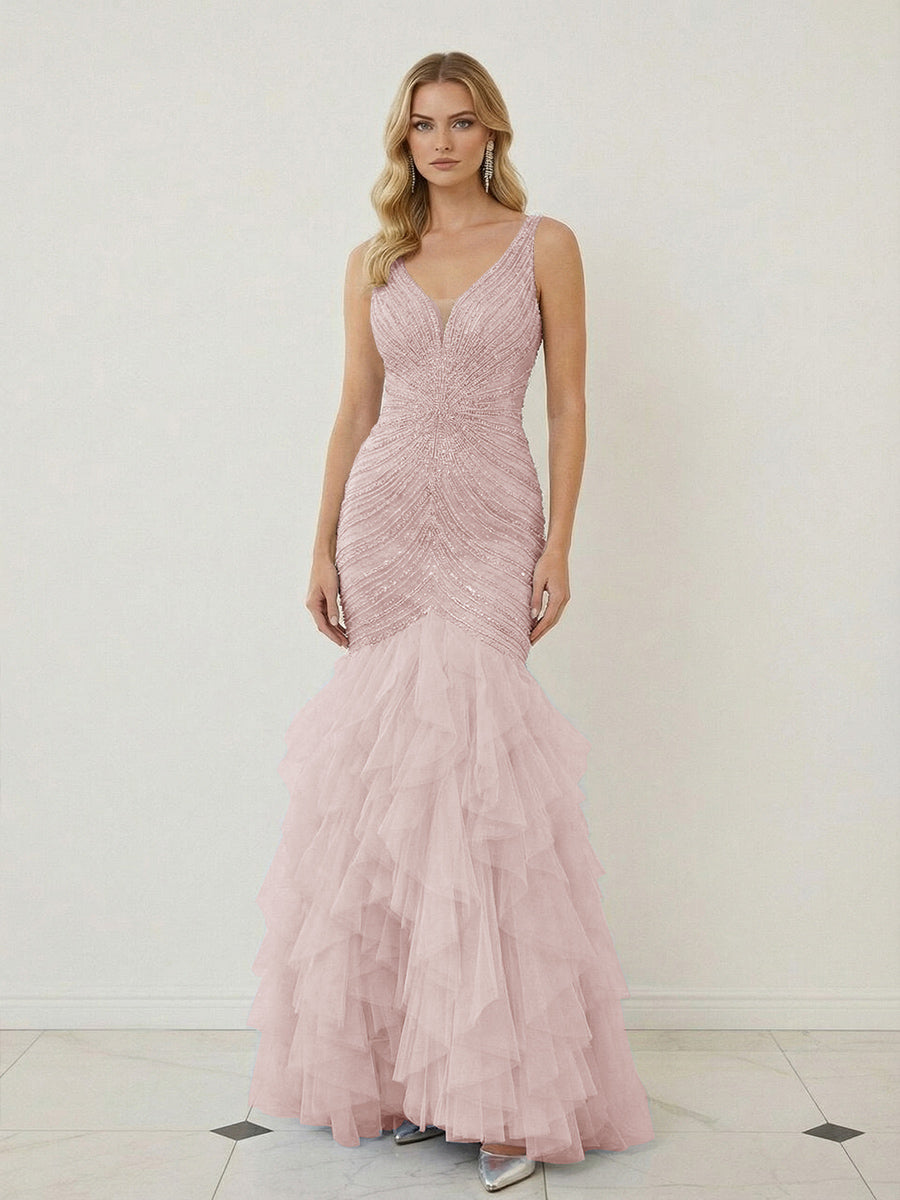 Mermaid Ruffle Tiered Tulle V-Neck Corset Floor-Length Prom Dresses with Appliques