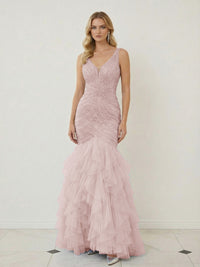 Mermaid Ruffle Tiered Tulle V-Neck Corset Floor-Length Prom Dresses with Appliques