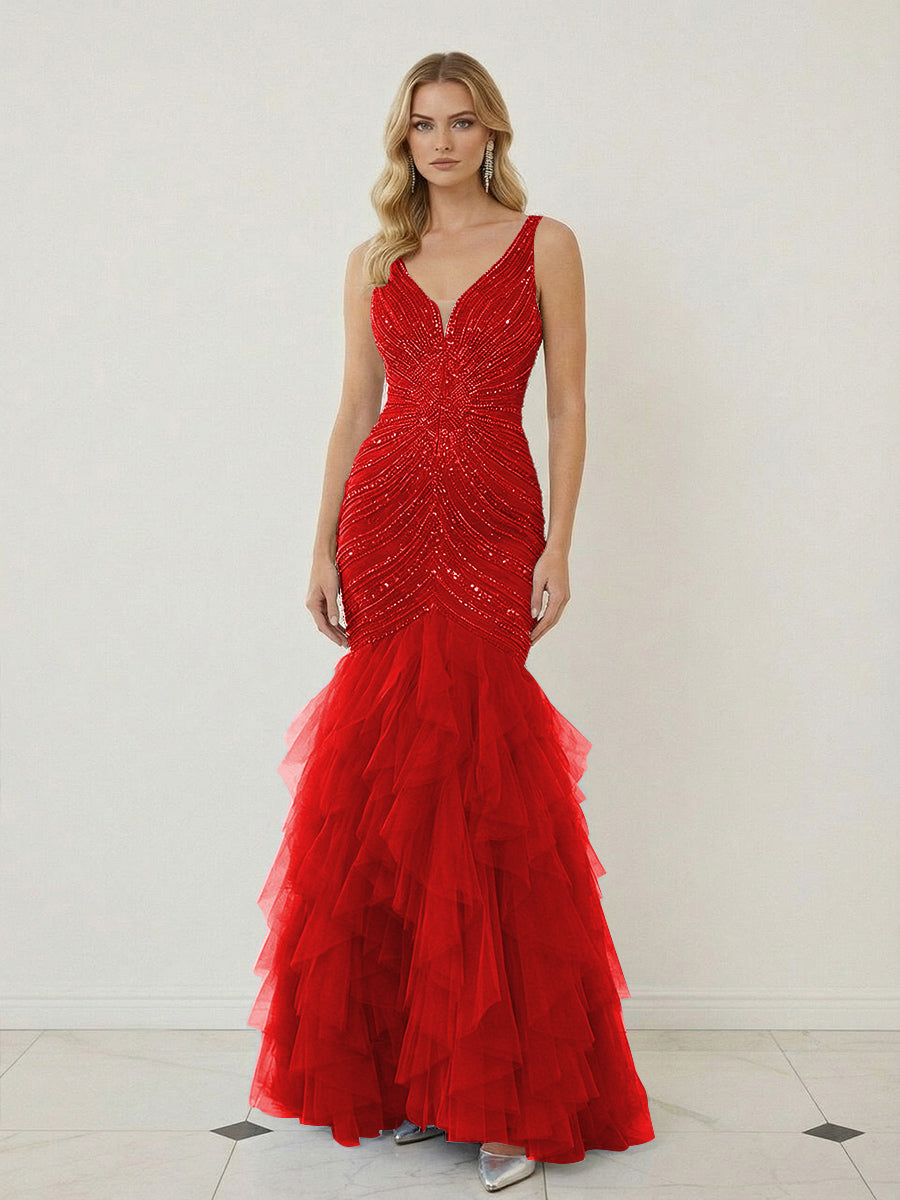 Mermaid Ruffle Tiered Tulle V-Neck Corset Floor-Length Prom Dresses with Appliques