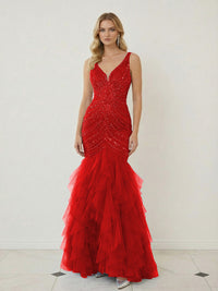 Mermaid Ruffle Tiered Tulle V-Neck Corset Floor-Length Prom Dresses with Appliques