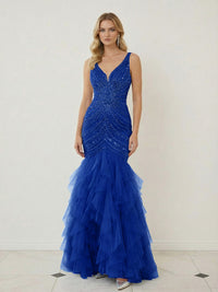 Mermaid Ruffle Tiered Tulle V-Neck Corset Floor-Length Prom Dresses with Appliques
