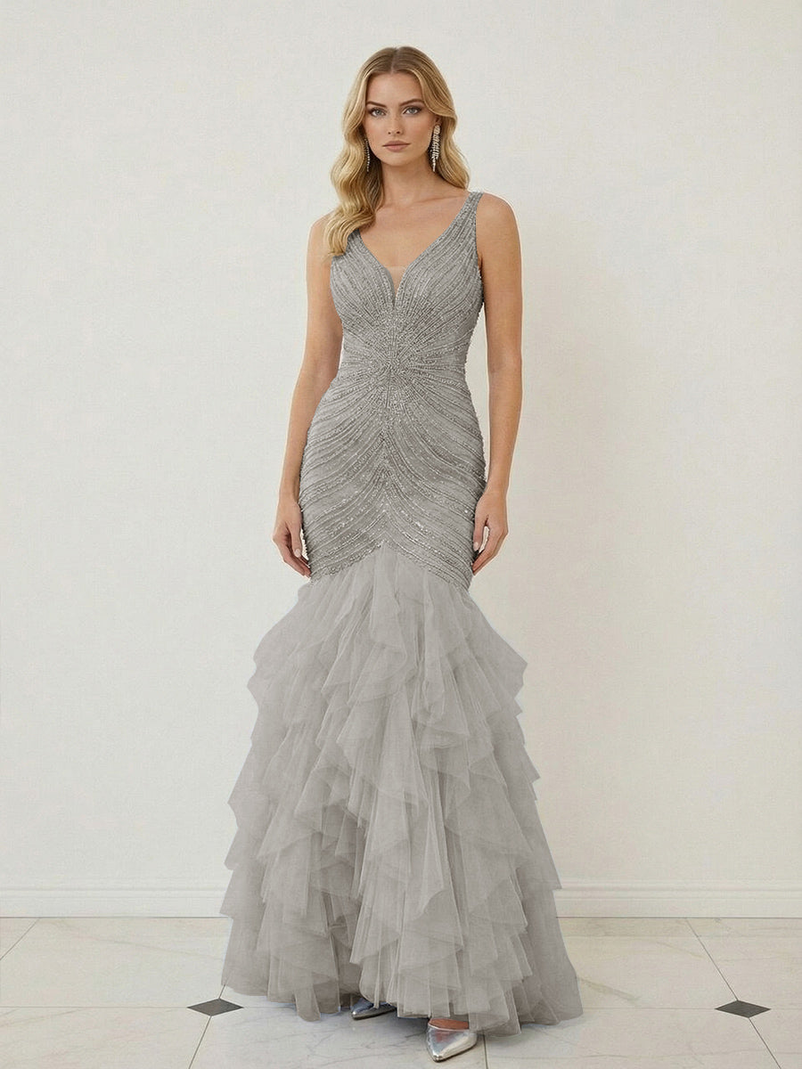 Mermaid Ruffle Tiered Tulle V-Neck Corset Floor-Length Prom Dresses with Appliques