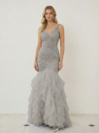 Mermaid Ruffle Tiered Tulle V-Neck Corset Floor-Length Prom Dresses with Appliques