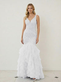 Mermaid Ruffle Tiered Tulle V-Neck Corset Floor-Length Prom Dresses with Appliques