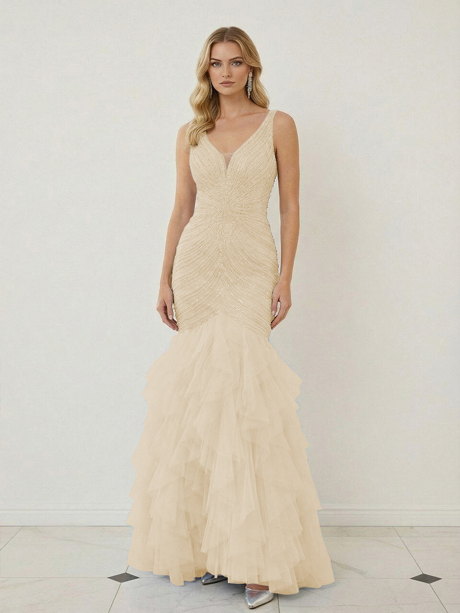 Mermaid Ruffle Tiered Tulle V-Neck Corset Floor-Length Prom Dresses with Appliques