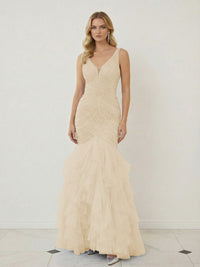 Mermaid Ruffle Tiered Tulle V-Neck Corset Floor-Length Prom Dresses with Appliques