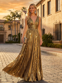 A-Line Pleated Satin V-Neck Empire Waist Floor-Length Formal Evening Dress