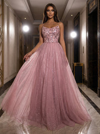 A-Line Sparkly Tulle Spaghetti Strap Corset Floor-Length Evening Dresses