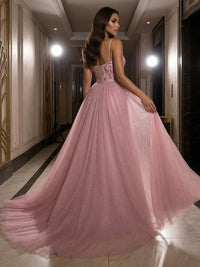 A-Line Sparkly Tulle Spaghetti Strap Corset Floor-Length Evening Dresses