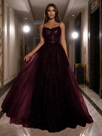A-Line Sparkly Tulle Spaghetti Strap Corset Floor-Length Evening Dresses
