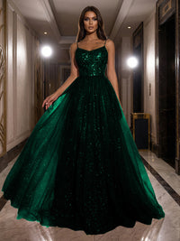 A-Line Sparkly Tulle Spaghetti Strap Corset Floor-Length Evening Dresses