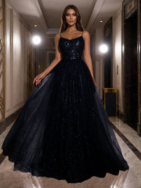 A-Line Sparkly Tulle Spaghetti Strap Corset Floor-Length Evening Dresses