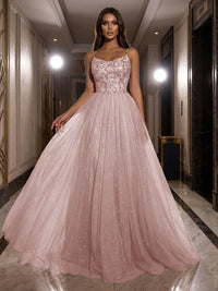 A-Line Sparkly Tulle Spaghetti Strap Corset Floor-Length Evening Dresses