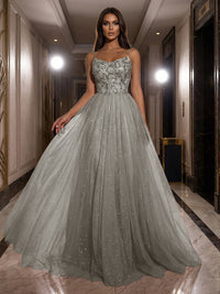 A-Line Sparkly Tulle Spaghetti Strap Corset Floor-Length Evening Dresses