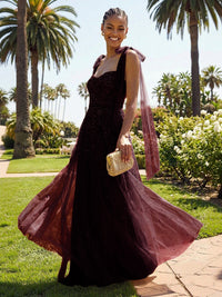 A-Line Sparkly Tulle Corset Floor-Length Prom Dresses with Bow Strap