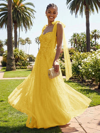A-Line Sparkly Tulle Corset Floor-Length Prom Dresses with Bow Strap