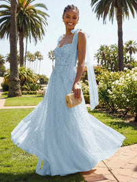 A-Line Sparkly Tulle Corset Floor-Length Prom Dresses with Bow Strap
