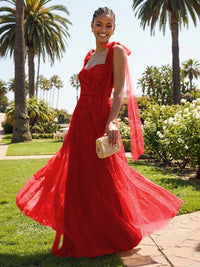 A-Line Sparkly Tulle Corset Floor-Length Prom Dresses with Bow Strap