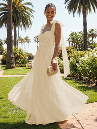 A-Line Sparkly Tulle Corset Floor-Length Prom Dresses with Bow Strap