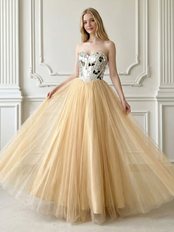 A-Line Sparkly Tulle Sweetheart Corset Floor-Length Prom Dresses
