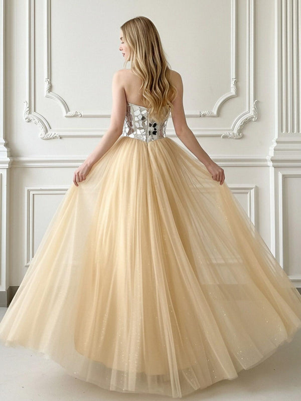 A-Line Sparkly Tulle Sweetheart Corset Floor-Length Prom Dresses