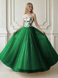 A-Line Sparkly Tulle Sweetheart Corset Floor-Length Prom Dresses