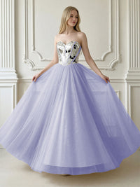 A-Line Sparkly Tulle Sweetheart Corset Floor-Length Prom Dresses