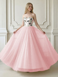 A-Line Sparkly Tulle Sweetheart Corset Floor-Length Prom Dresses