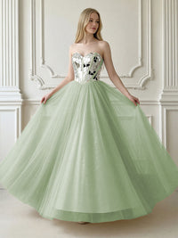 A-Line Sparkly Tulle Sweetheart Corset Floor-Length Prom Dresses