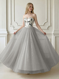 A-Line Sparkly Tulle Sweetheart Corset Floor-Length Prom Dresses