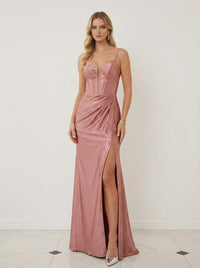 Satin Sheath Sweetheart Spaghetti Strap Ruched Floor-Length Prom Dress