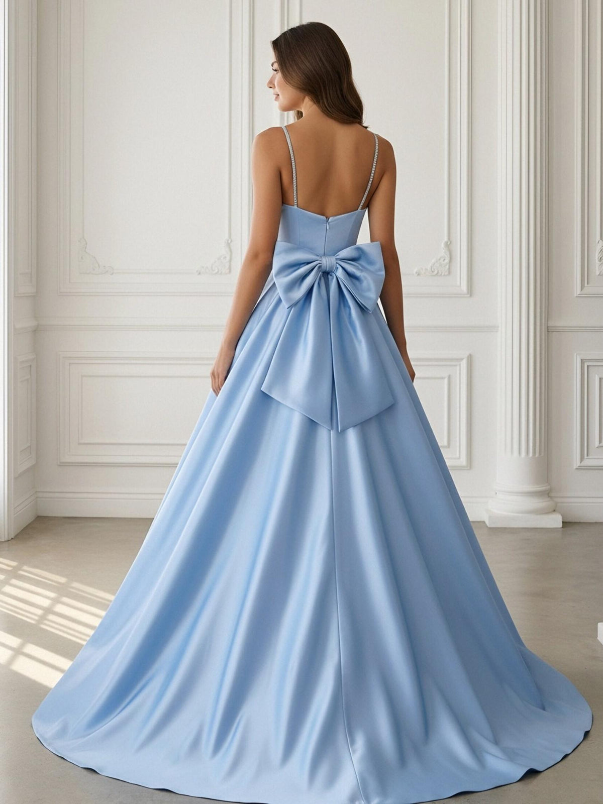 Satin A-Line Spaghetti Strap V-Neck Ball Gown Floor-Length Prom Dress with Bow