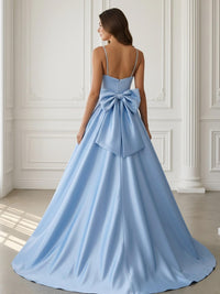 Satin A-Line Spaghetti Strap V-Neck Ball Gown Floor-Length Prom Dress with Bow