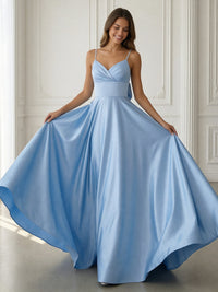 Satin A-Line Spaghetti Strap V-Neck Ball Gown Floor-Length Prom Dress with Bow