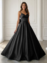 Satin A-Line Spaghetti Strap V-Neck Ball Gown Floor-Length Prom Dress with Bow