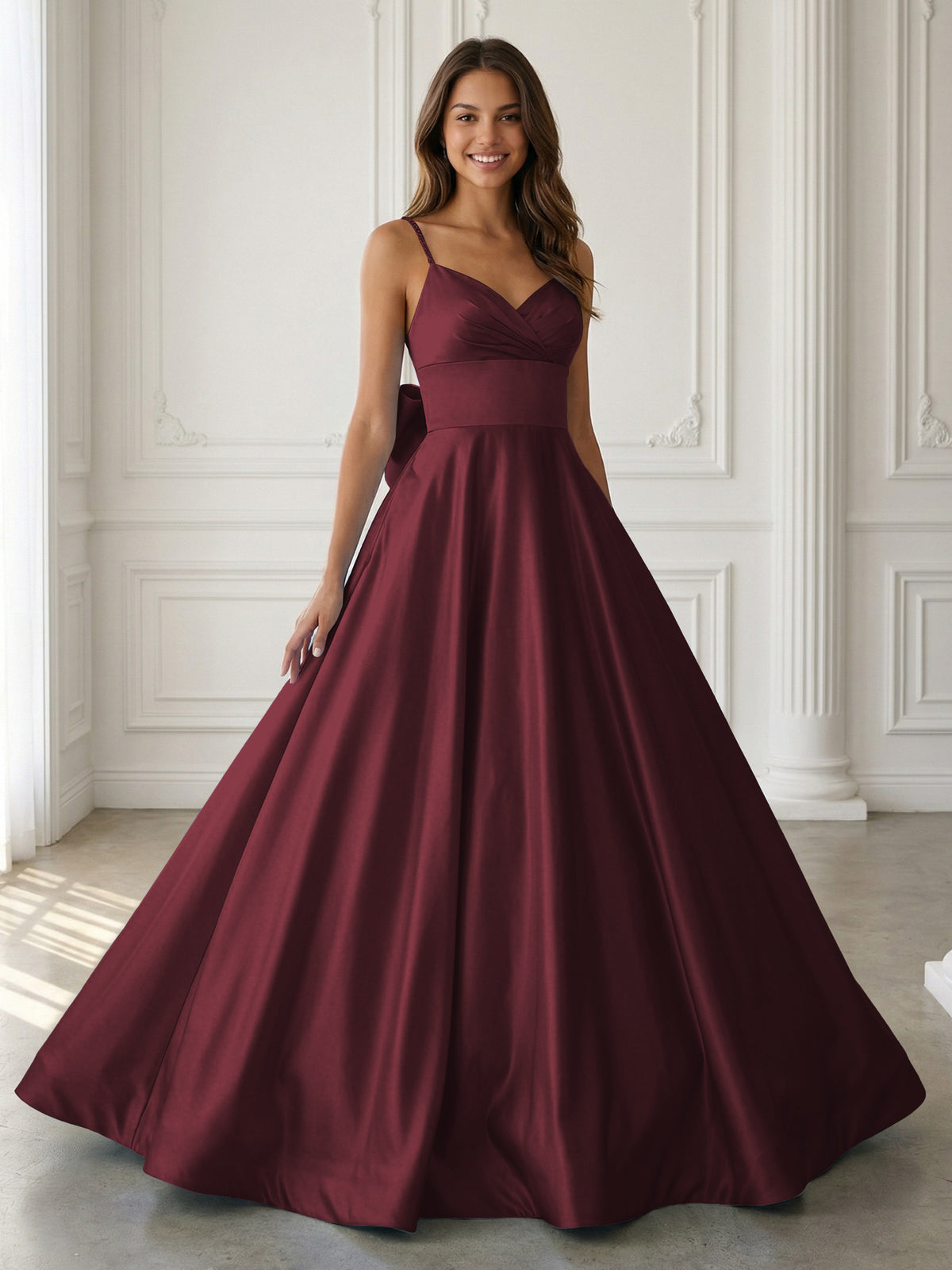 Satin A-Line Spaghetti Strap V-Neck Ball Gown Floor-Length Prom Dress with Bow