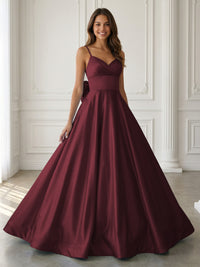 Satin A-Line Spaghetti Strap V-Neck Ball Gown Floor-Length Prom Dress with Bow