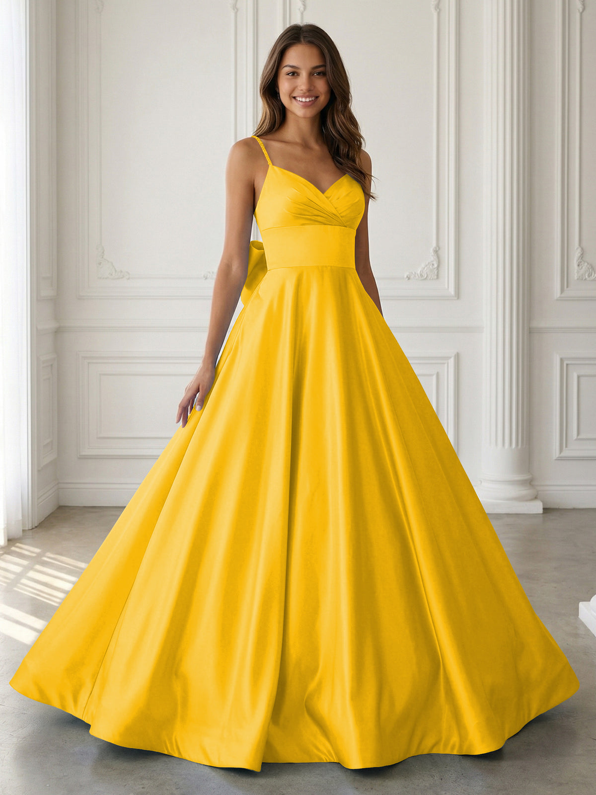 Satin A-Line Spaghetti Strap V-Neck Ball Gown Floor-Length Prom Dress with Bow