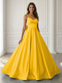 Satin A-Line Spaghetti Strap V-Neck Ball Gown Floor-Length Prom Dress with Bow