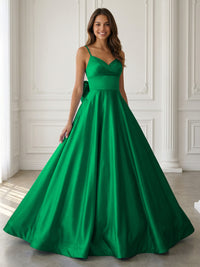 Satin A-Line Spaghetti Strap V-Neck Ball Gown Floor-Length Prom Dress with Bow