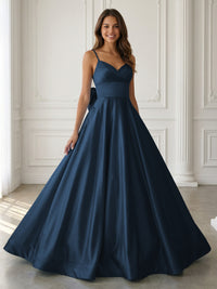 Satin A-Line Spaghetti Strap V-Neck Ball Gown Floor-Length Prom Dress with Bow