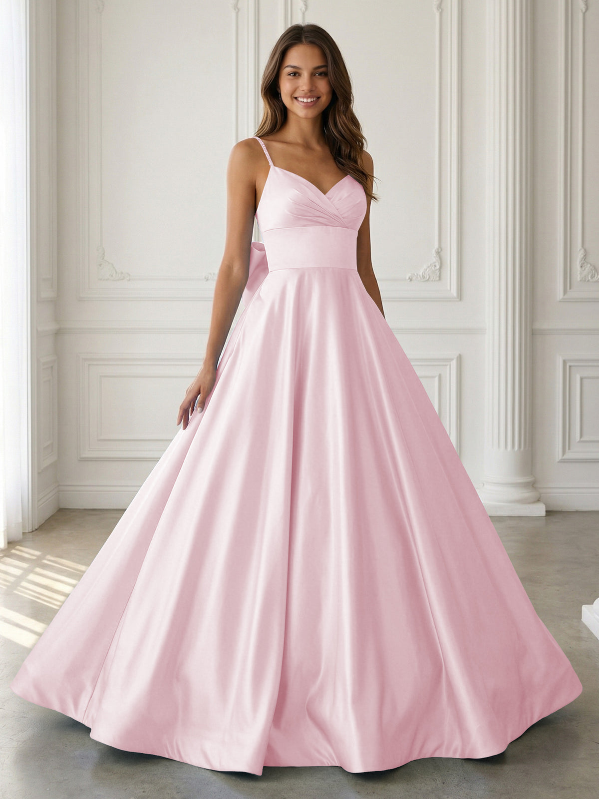 Satin A-Line Spaghetti Strap V-Neck Ball Gown Floor-Length Prom Dress with Bow
