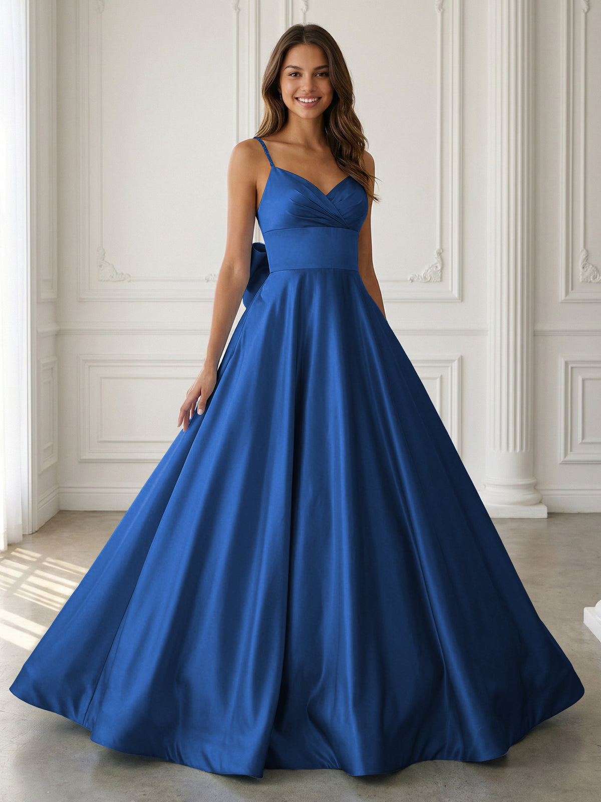 Satin A-Line Spaghetti Strap V-Neck Ball Gown Floor-Length Prom Dress with Bow