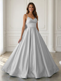 Satin A-Line Spaghetti Strap V-Neck Ball Gown Floor-Length Prom Dress with Bow