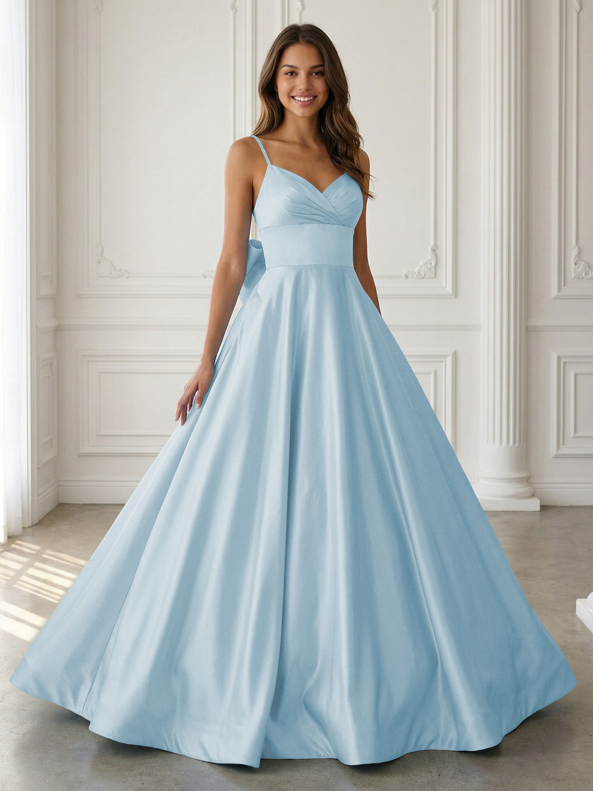 Satin A-Line Spaghetti Strap V-Neck Ball Gown Floor-Length Prom Dress with Bow