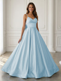 Satin A-Line Spaghetti Strap V-Neck Ball Gown Floor-Length Prom Dress with Bow